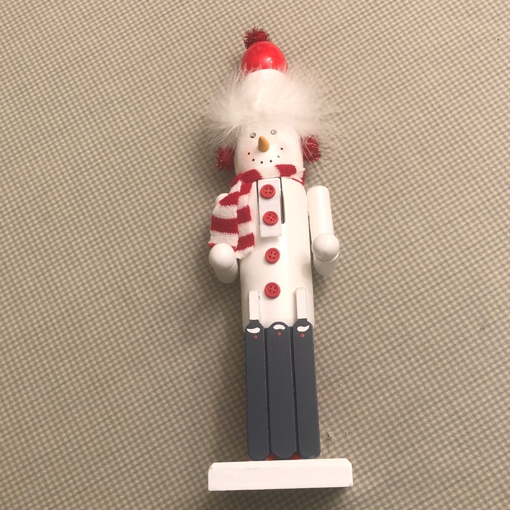 Vintage Y2K Mixed Media Wooden Folk Art Snowman Nutcracker (15”) Navy Sled #1023
